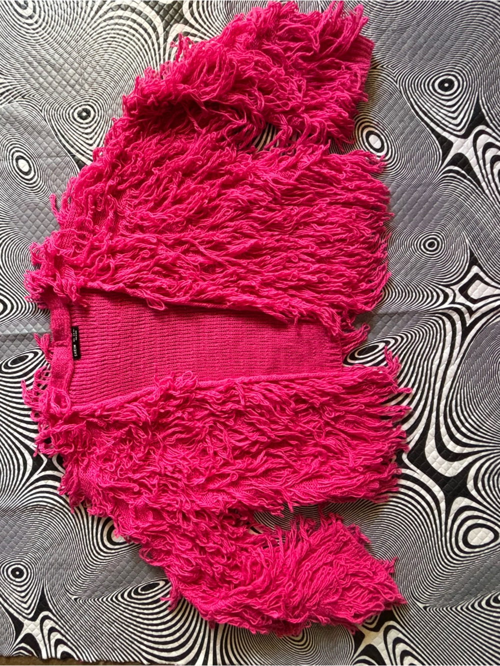 70s noodle SHEIN Bright Pink Shaggy Fringe Knit Cardigan